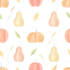 Watercolor pattern with pumpkin and autumn leaves. Autumn seamless pattern on white background. Perfect for covers, wrapping paper, textile, wallpaper. Watercolor hand-drawn.