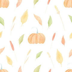 Watercolor pattern with pumpkin and autumn leaves. Autumn seamless pattern on white background. Perfect for covers, wrapping paper, textile, wallpaper. Watercolor hand-drawn.