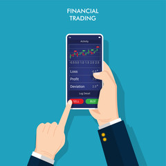 Financial trading on apps concept design. Hands holding smartphone to invest online. Buy and sell indicators on the candlestick chart graphic design, vector illustration.