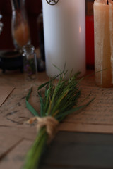 magic ritual with runes and pentagram and magical attributes