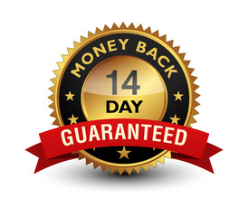 14 Day money back guaranteed golden seal, stamp, badge, stamp, sign, label with red ribbon isolated on white background.	