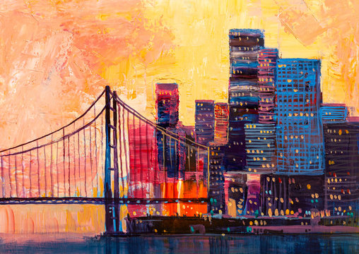 Abstract painting of urban skyscrapers. City with a bridge