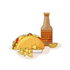 Mexican fast food combo menu. Tacos, beer, lime, nachos and guacamole