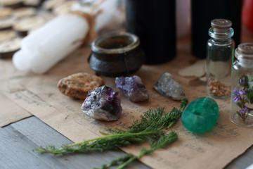 magic ritual with runes and pentagram and magical attributes