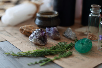 magic ritual with runes and pentagram and magical attributes