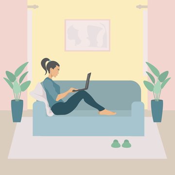 Working at home remotely. The girl is sitting on the sofa with a laptop. There is a carpet on the floor and Slippers on it. There are potted flowers nearby. Pastel colors beige, pink, green, blue.