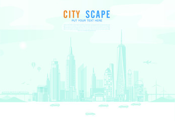 Fototapeta premium Smart city urban landscape with infographic elements. networks and augmented reality concept. Vector illustration.