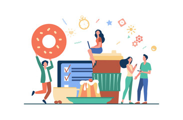 People enjoying coffee break. Young men and women using digital devices among disposable paper and ceramic cups, baked snacks, menu. Can be used for coffee shop, bakery, morning, breakfast concept