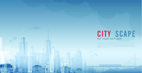 Smart city urban landscape with infographic elements. networks and augmented reality concept. Vector illustration.