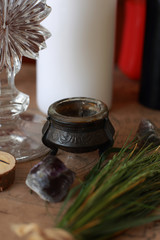 magic ritual with runes and pentagram and magical attributes