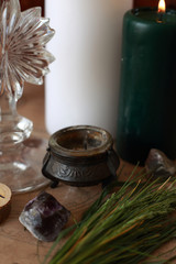 magic ritual with runes and pentagram and magical attributes