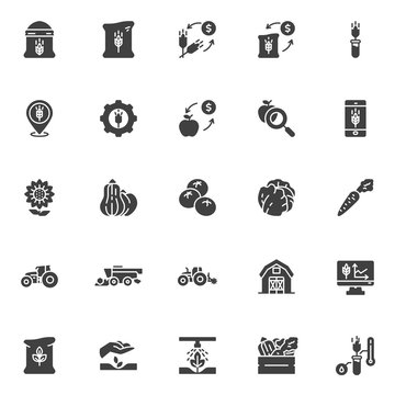 Farming and agriculture vector icons set, modern solid symbol collection, filled style pictogram pack. Signs, logo illustration. Set includes icons as vegetable harvesting, field cultivator tractor