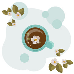 Tea Drink top view. Vector . Tea time, mug, hands . Green leaves and white flowers of tea.