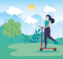 landscape with woman using face mask in scooter vector illustration design