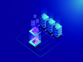 Fototapeta premium Effective template technology data, mining server farm room and smart digital devices such as phone ,computer, data, data processing vector illustration.