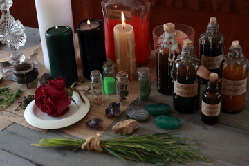magic ritual with runes and pentagram and magical attributes