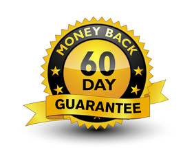 Reliable powerful golden 60 day money back guarantee banner, sticker, tag, icon, stamp, label, sign with ribbon isolated on white background.	