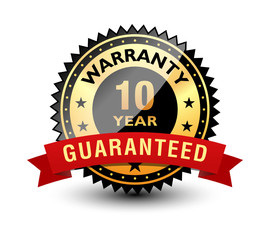 Powerful 10 year warranty badge, seal, sign, stamp, label with red ribbon on top. Isolated on white background.	
