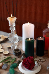 magic ritual with runes and pentagram and magical attributes