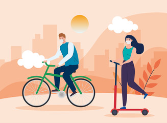 couple using face mask practicing exercise in landscape vector illustration design