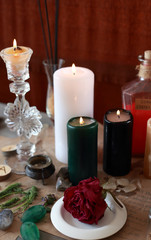 magic ritual with runes and pentagram and magical attributes