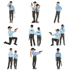 Collage with cute little police officers on white background