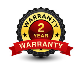 High quality 2 year warranty badge, seal, sign with red ribbon on top isolated on white background.	