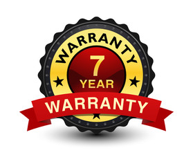 High quality 7 year warranty badge, seal, sign with red ribbon on top isolated on white background.
