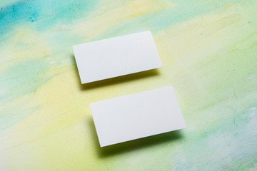 Business cards blank. Mockup on color background. Flat Lay. copy space for text