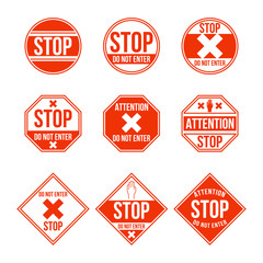 Red stop signs set. Restricted road signposts, prohibited signboards, warning signal. Can be used for urban traffic, danger, beware, safety concept