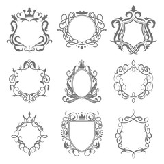Vintage swirled frames set. Ornamental emblems, royal luxury borders with crowns, traditional monograms. Can be used for alcohol, hotel, jewelry logotypes design