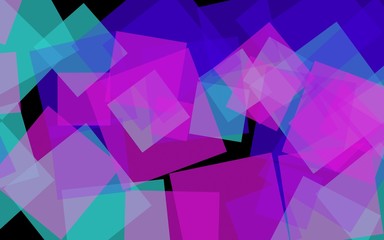 Multicolored translucent squares on dark background. Pink tones. 3D illustration