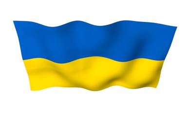 The flag of Ukraine on a white background. National flag and state ensign. Blue and yellow bicolour. 3D illustration waving flag