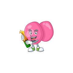 Mascot cartoon design of streptococcus pyogenes making toast with a bottle of beer