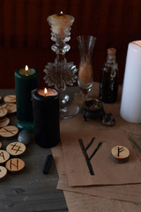 magic ritual with runes and pentagram and magical attributes