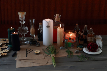 magic ritual with runes and pentagram and magical attributes