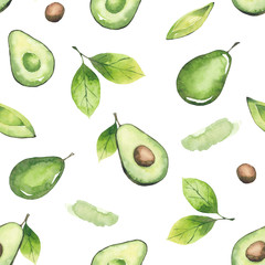 Seamless pattern of avocados and leaves. Watercolor elements isolated on white