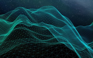 Abstract landscape on a dark background. Cyberspace grid. hi tech network. Outer space. Starry outer space texture. 3D illustration