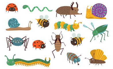 Obraz premium Cartoon insects set. Funny bugs, caterpillar, fly, bee, ladybird, snail, spider, mosquito. Can be used for wildlife, nature, garden, forest concept