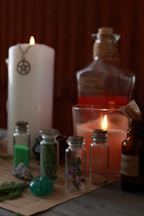 magic ritual with runes and pentagram and magical attributes