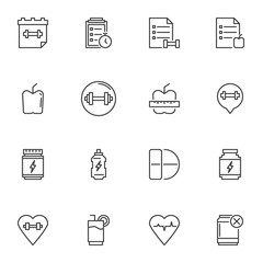 Healthy lifestyle line icons set, outline vector symbol collection, sport and fitness linear style pictogram pack. Signs, logo illustration. Set includes icons as cardio training, diet food, nutrition