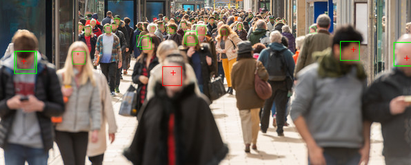 thermal cameras tracking crowd of people to protect their health. cctv monitoring and facial recognition concept - obrazy, fototapety, plakaty