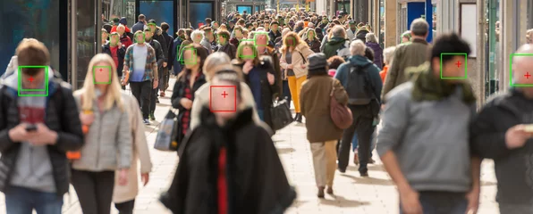 Cercles muraux Chemin de fer thermal cameras tracking crowd of people to protect their health. cctv monitoring and facial recognition concept