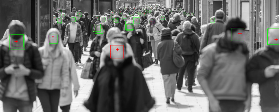 Thermal Cameras Tracking Crowd Of People To Protect Their Health. Cctv Monitoring And Facial Recognition Concept