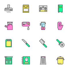 Kitchen utensils filled outline icons set, line vector symbol collection, linear colorful pictogram pack. Signs, logo illustration, Set includes icons as electric stove, refrigerator, knife, cookbook