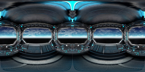 High resolution HDRI panoramic view of dark spaceship interior. 360 panorama reflection mapping of a futuristic spacecraft room 3D rendering © sdecoret