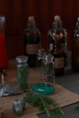 magic ritual with runes and pentagram and magical attributes