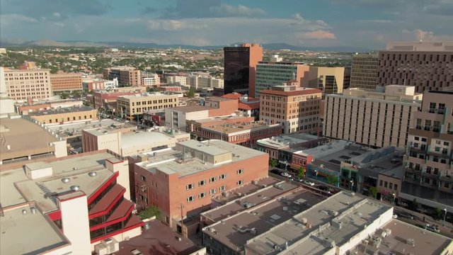 Albuquerque, New Mexico, USA.1 September 2019.  Aerial flying over the downtown city CBD