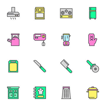 Kitchen utensils filled outline icons set, line vector symbol collection, linear colorful pictogram pack. Signs, logo illustration, Set includes icons as electric stove, refrigerator, knife, cookbook