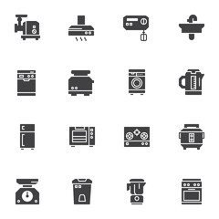 Kitchen appliances vector icons set, modern solid symbol collection, filled style pictogram pack. Signs, logo illustration. Set includes icons as electric meat grinder, mixer, teapot, kitchen scales